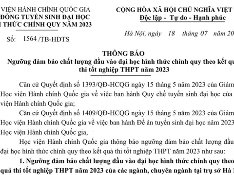 Học viện Hành chính Quốc gia thông báo ngưỡng đảm bảo chất lượng đầu vào đại học hình thức chính quy theo kết quả thi tốt nghiệp THPT năm 2023