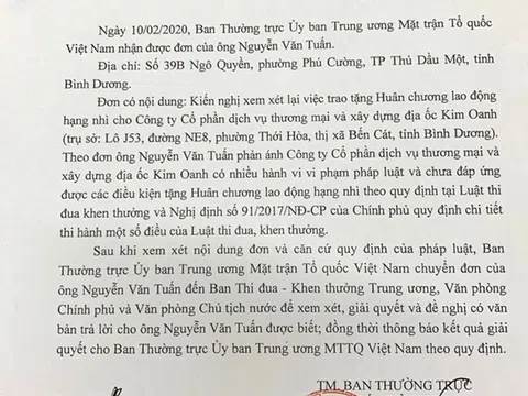 Ủy Ban TW MTTQ Việt Nam kiến nghị xem xét lại việc tặng Huân chương Lao động cho Công ty Kim Oanh